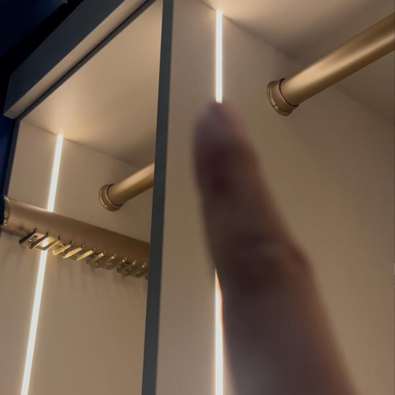Retouched wardrobe installation reference showing vertical light sections inside the cabinet