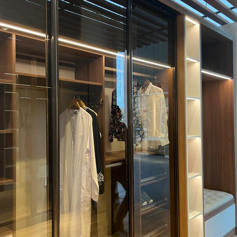 Glass-fronted wardrobe with illuminated shelving and hanging compartments