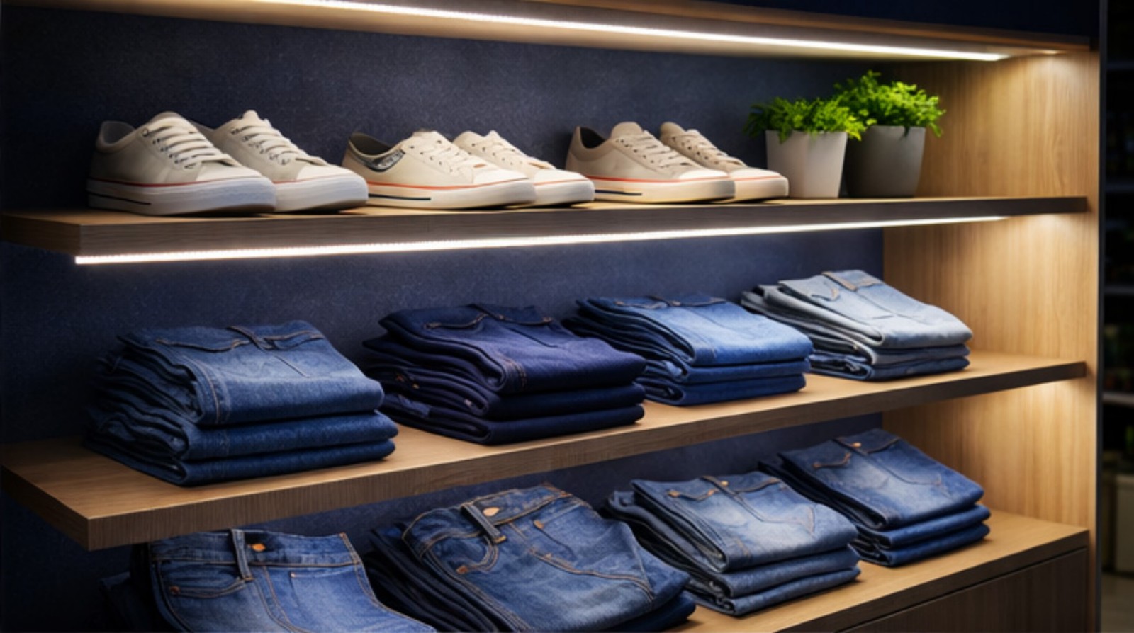 Rigid LED light bars installed at shelf edges and under-shelf lighting for retail display racks
