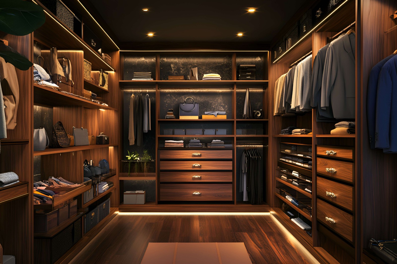 Rigid LED light bars installed along wardrobe rail and under-shelf lighting in furniture interior
