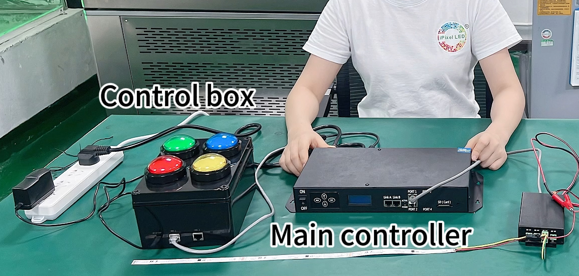Custom four-button RS485 LED control box with offline master controller, terminal controller and addressable LED strip