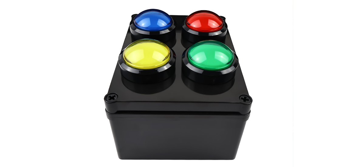 Custom red yellow green and blue push-button control box developed for programmed LED effects