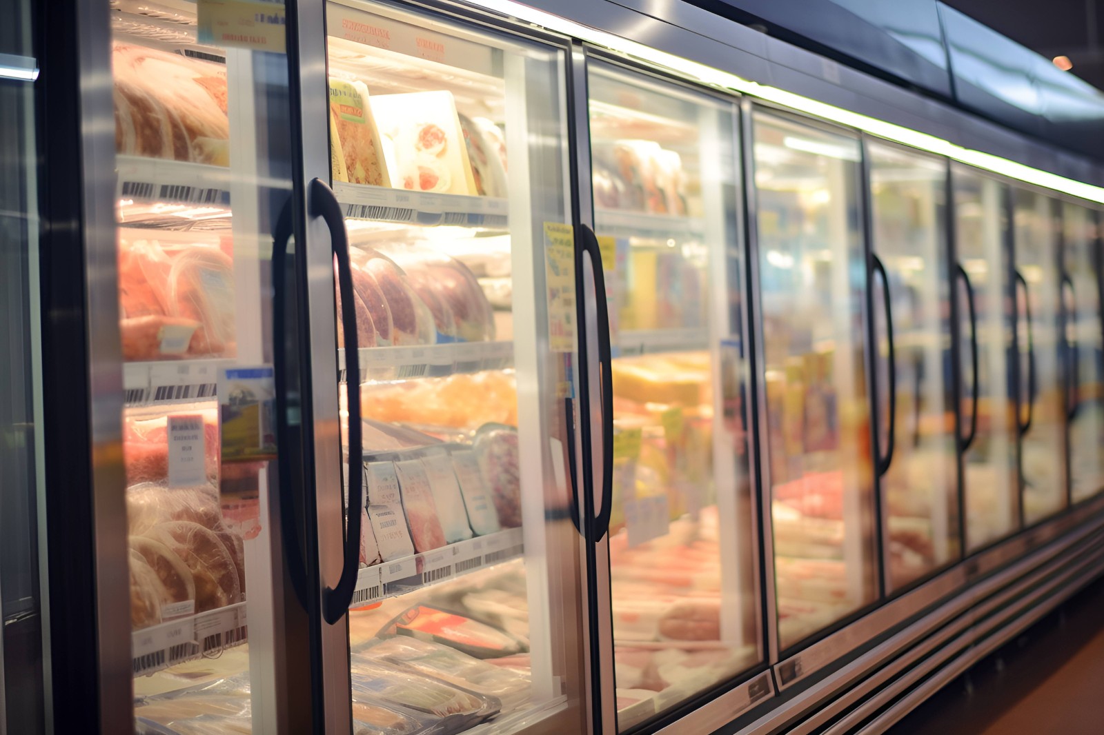 Rigid LED lighting installed on commercial refrigerator shelves and door frames